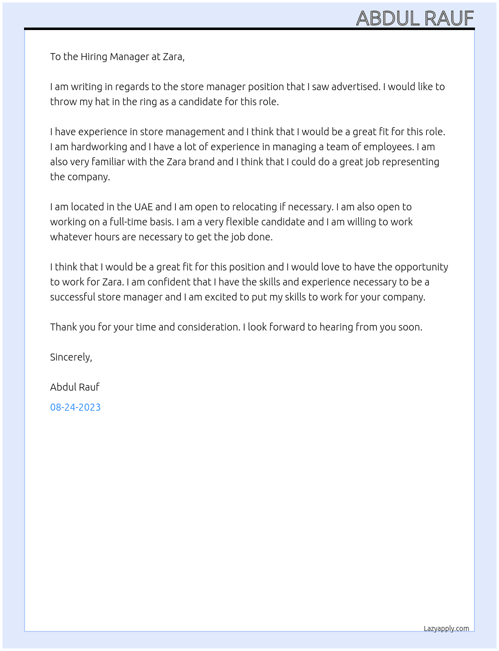 Store manager  At Zara Cover Letter