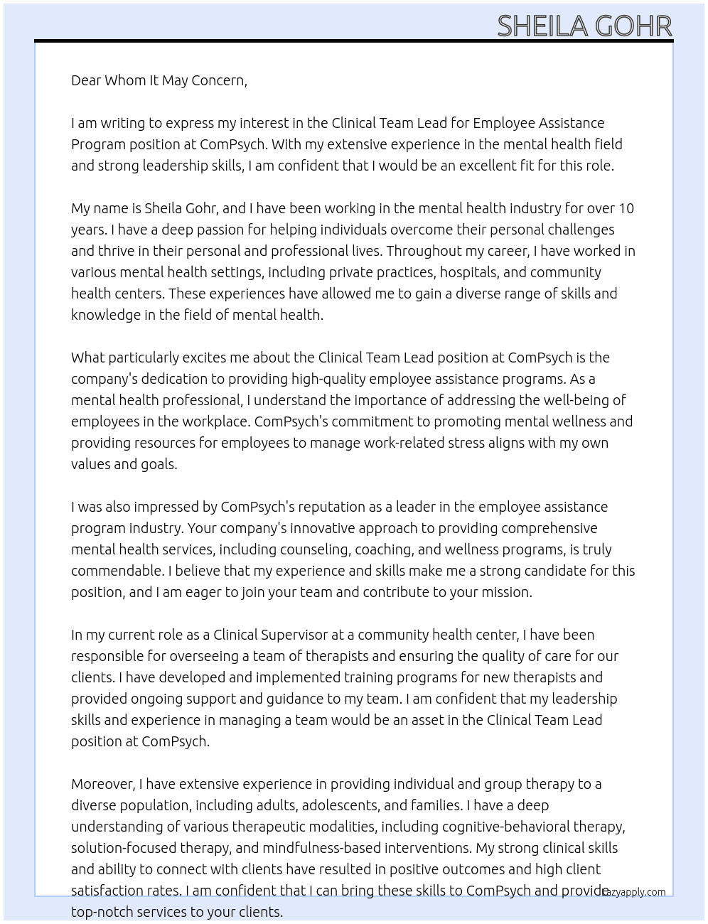 Clinical Team Lead for Employee Assistance Program At ComPsych Cover Letter
