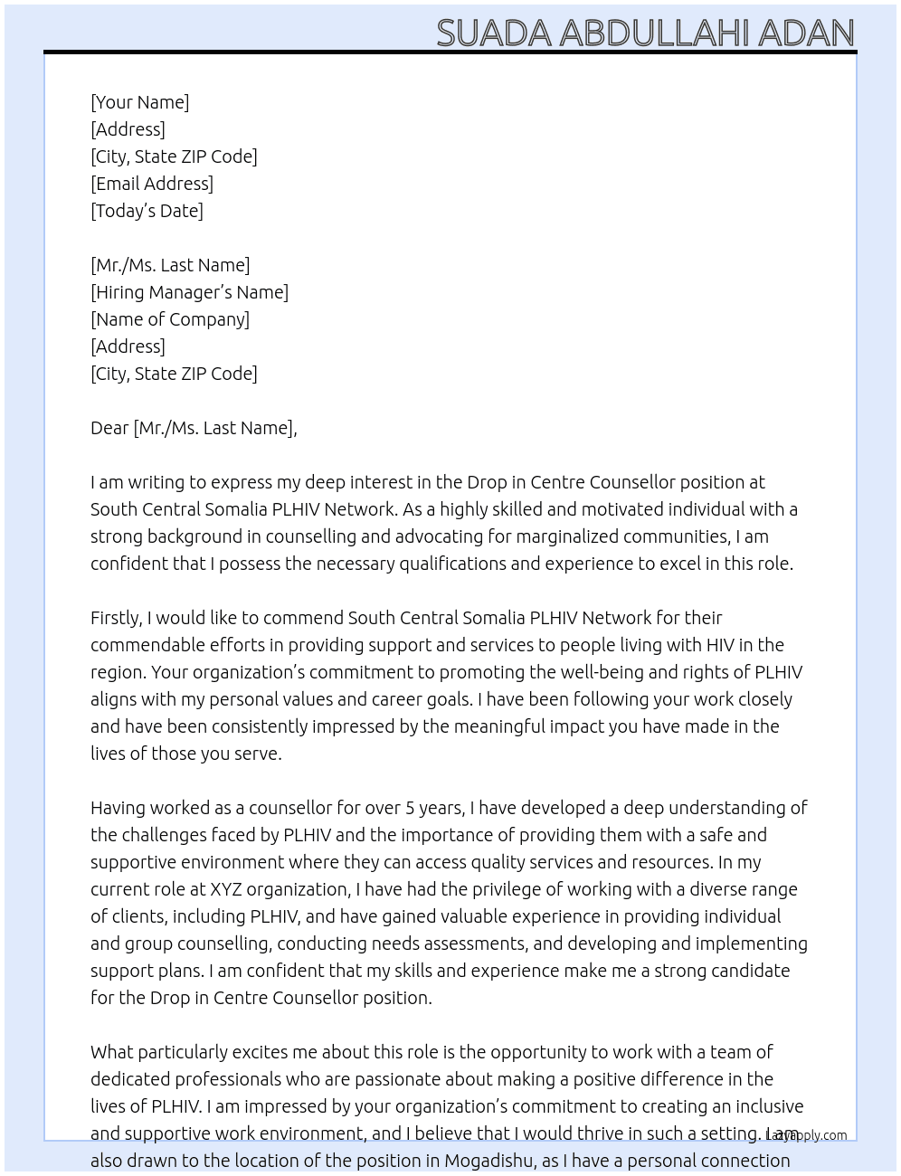 Drop in centre counsellor At south central somalia PLHIV network Cover Letter