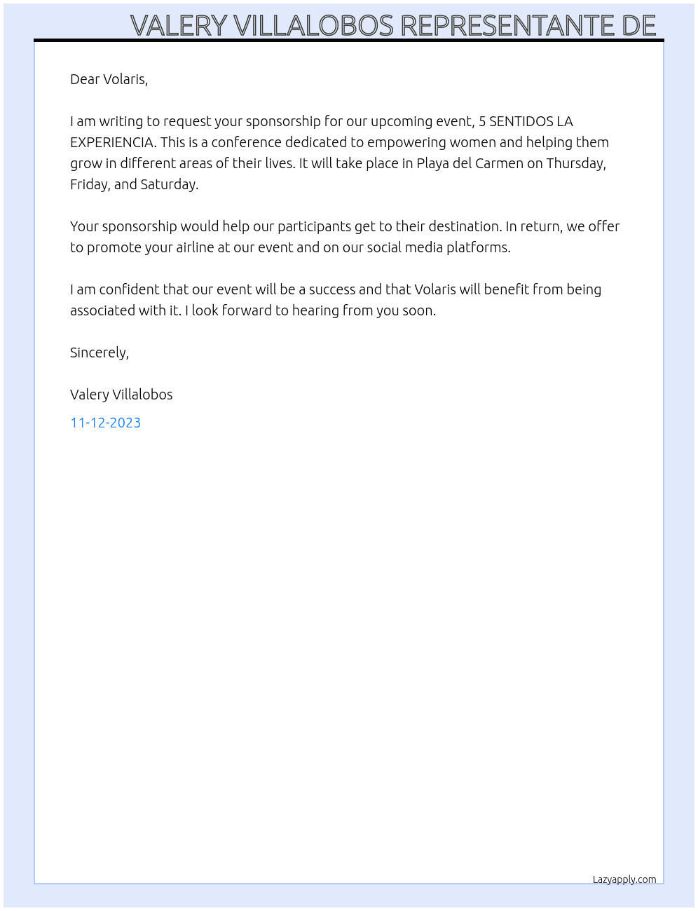 carta de patrocinio para conseguir vuelos con aerolineas At  Volaris Cover Letter