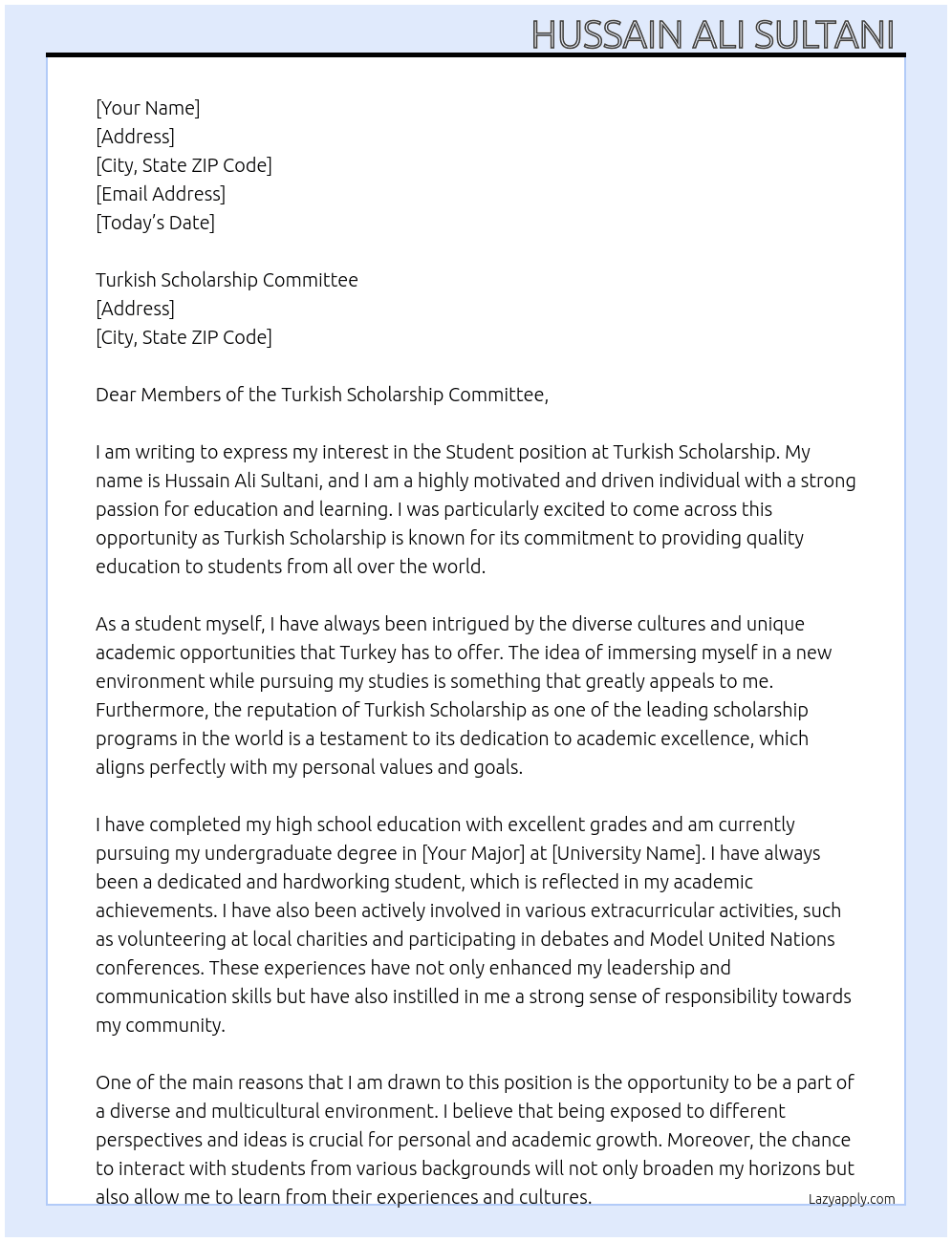 Student At Turkish Scholarship  Cover Letter