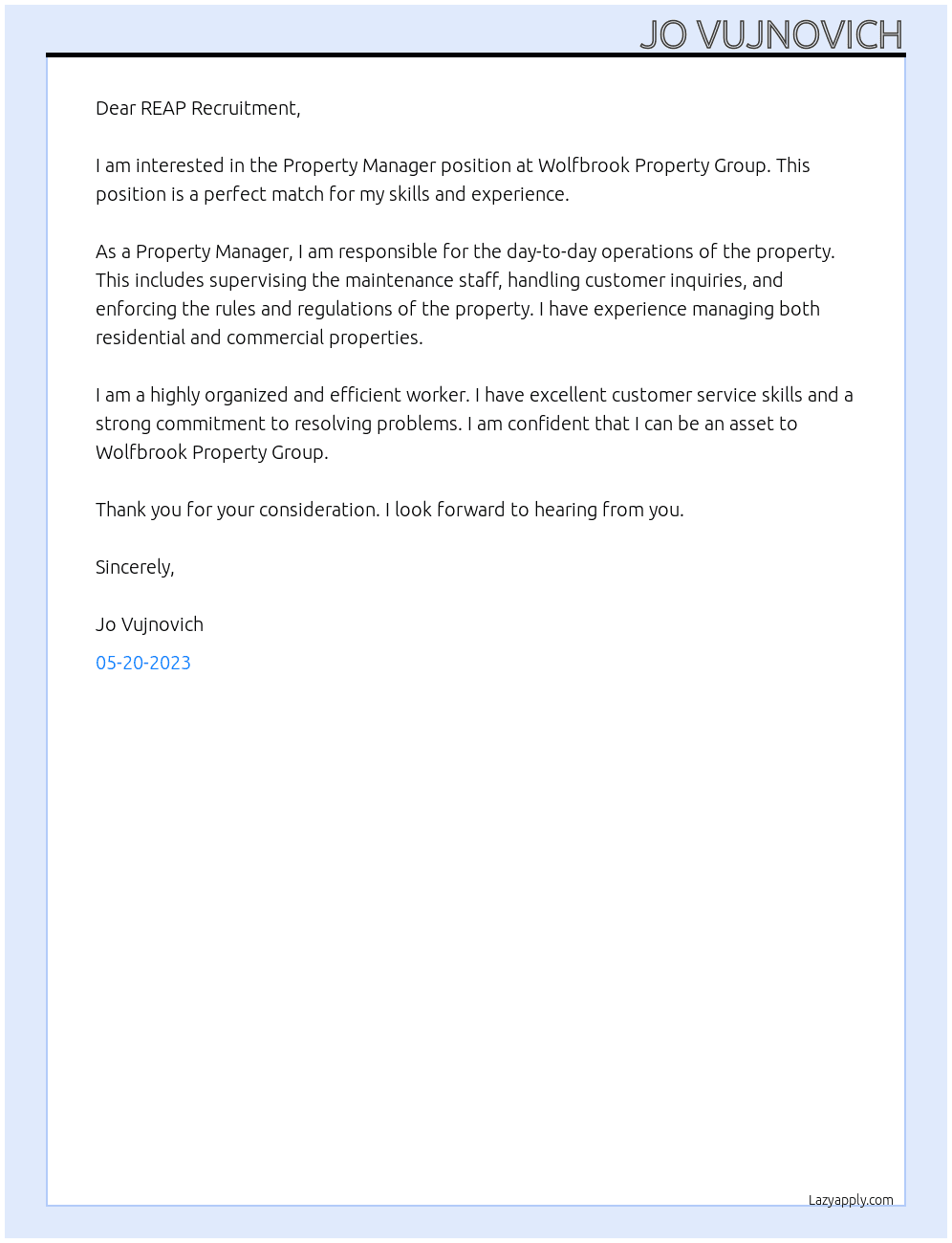 Property Manager At  Wolfbrook Property Group Cover Letter