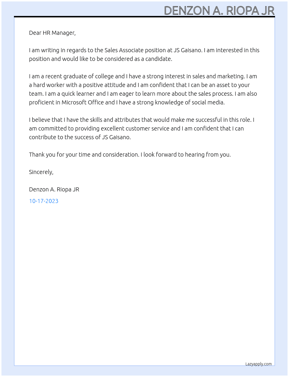 Sales associate At JS Gaisano Cover Letter