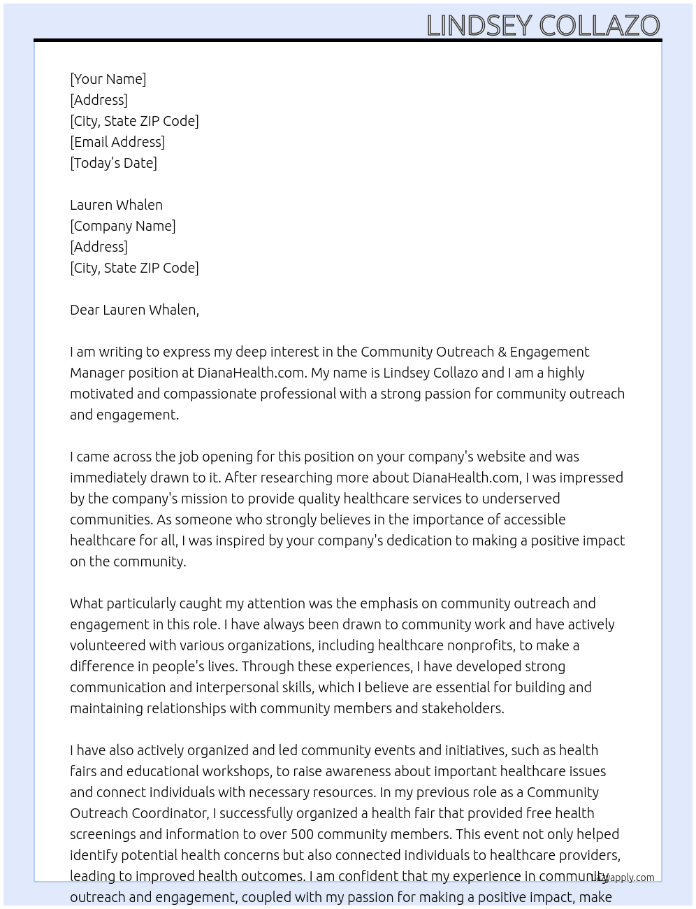 Community Outreach & Engagement Manager At dianahealth.com Cover Letter