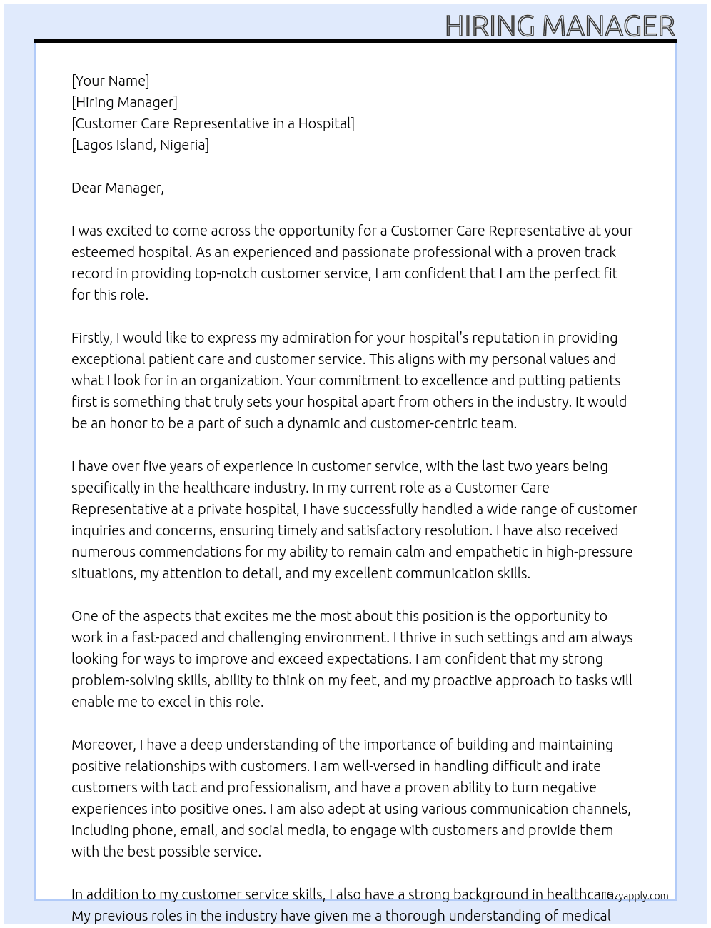 Customer care representative  At Customer care representative in a hospital  Cover Letter
