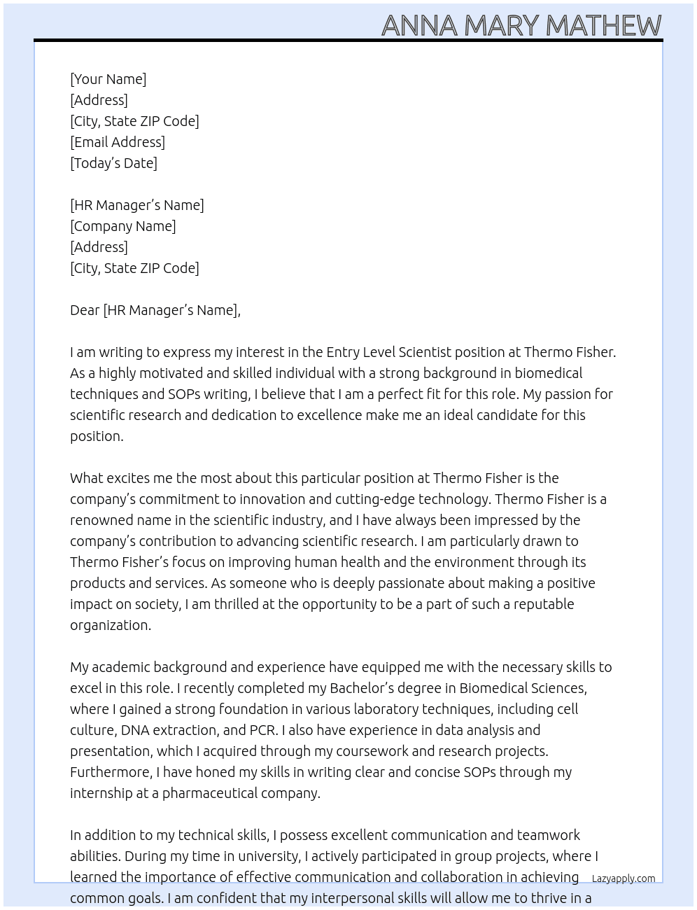 Entry Level Scientist At Thermo Fisher  Cover Letter