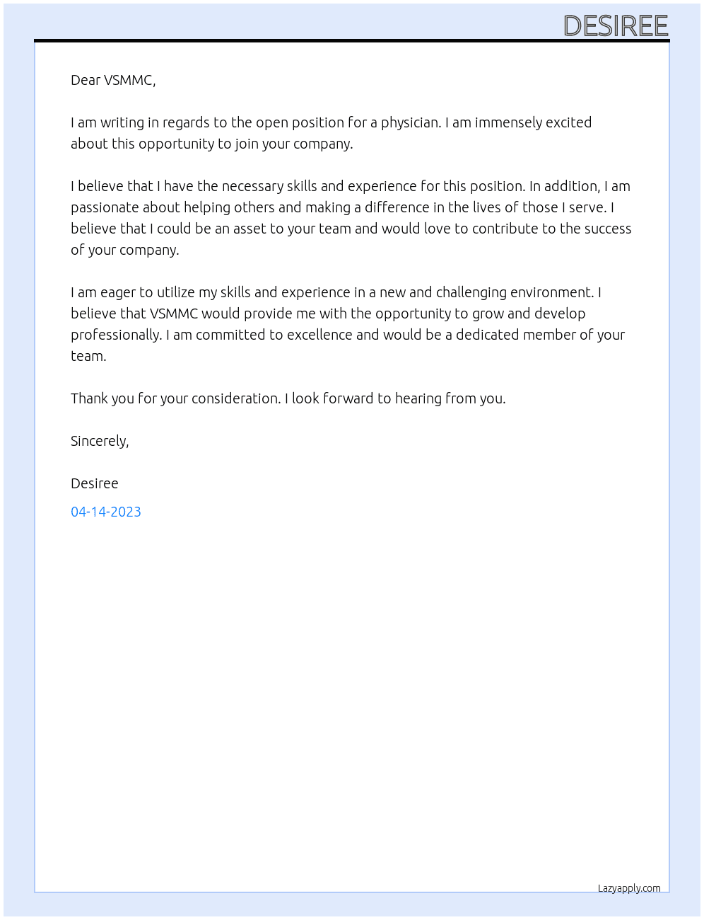physician At vsmmc Cover Letter