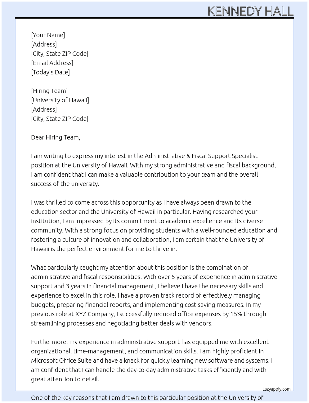 Administrative & Fiscal Support Sp At University of Hawaii Cover Letter