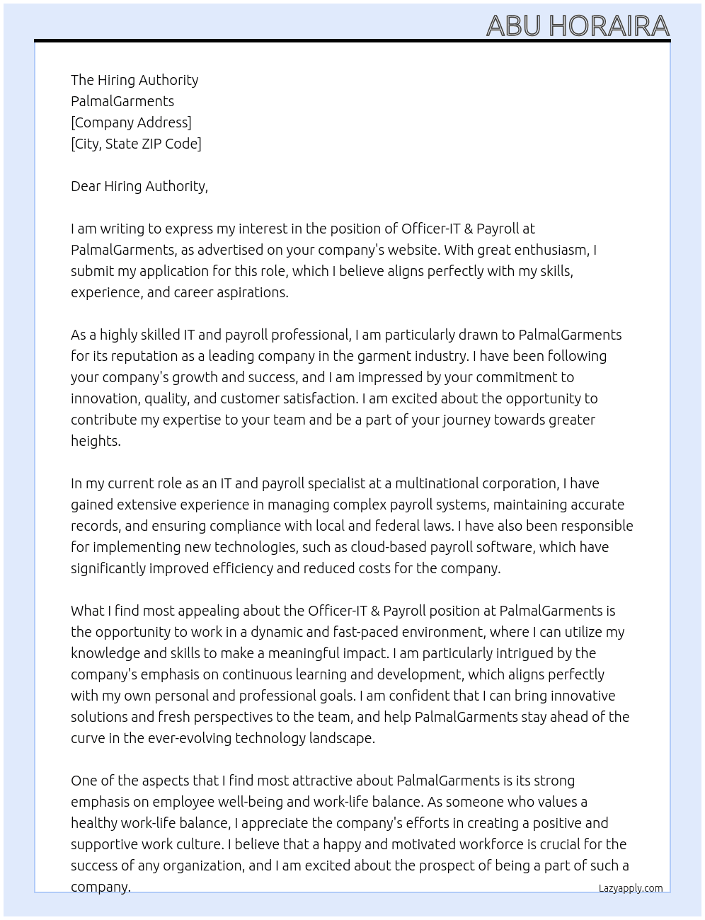 Application for The Position of Officer-IT & Payroll At PalmalGarments Cover Letter