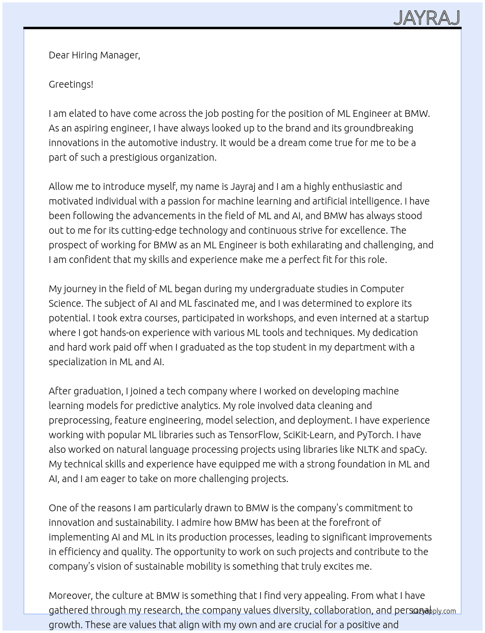 ML engineer  At BMW Cover Letter