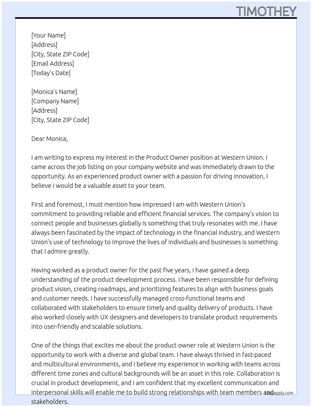 Product owner At Western Union Cover Letter