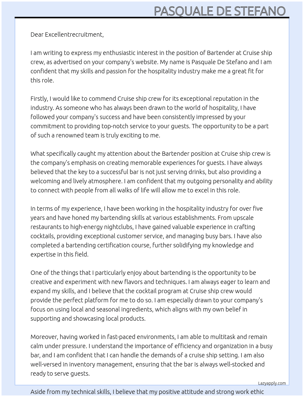 Bartender At Cruise ship crew Cover Letter