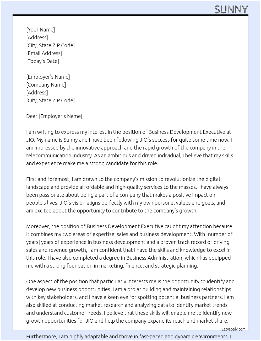 BUSSINESS DEVELOPMENT EXECUTIVE At JIO Cover Letter