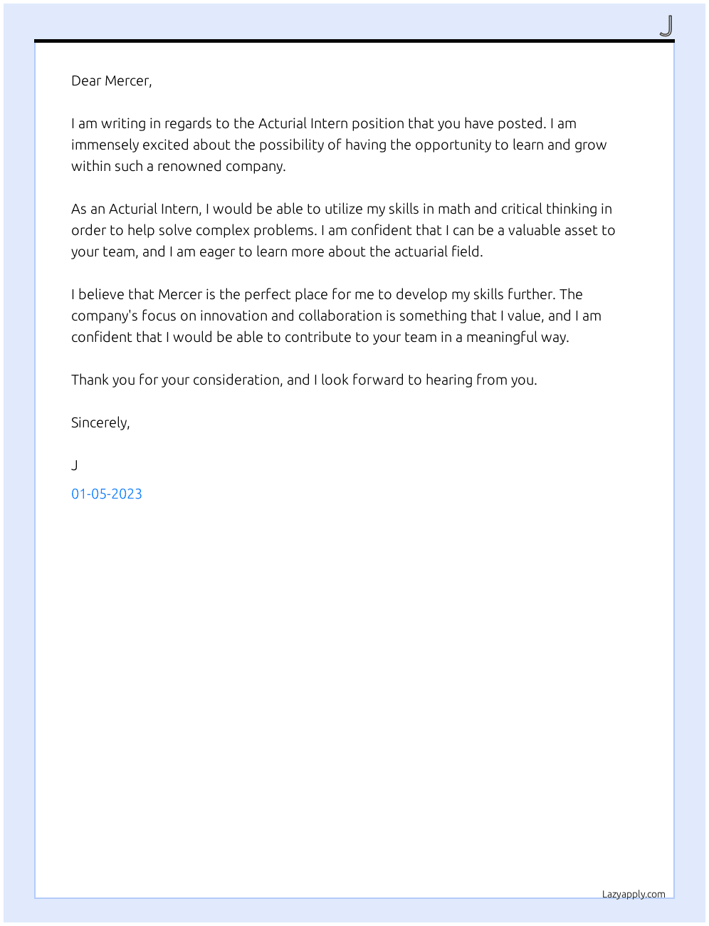 acturial intern At mercer Cover Letter