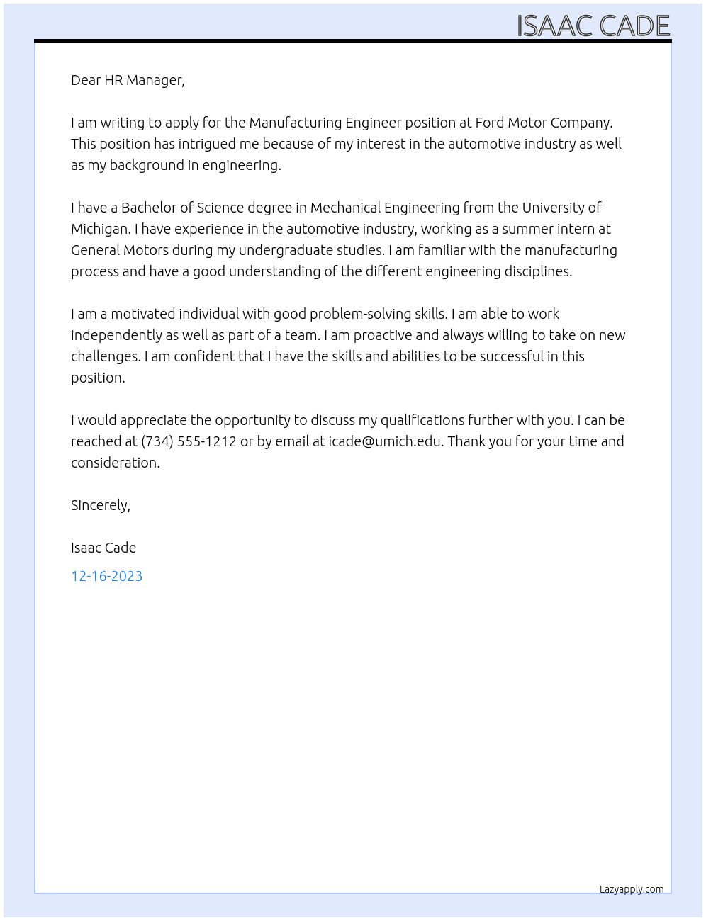 Manufacturing Engineer At Ford Motor Company Cover Letter