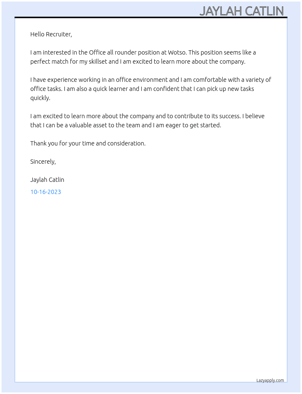 Office all rounder  At Wotso Cover Letter