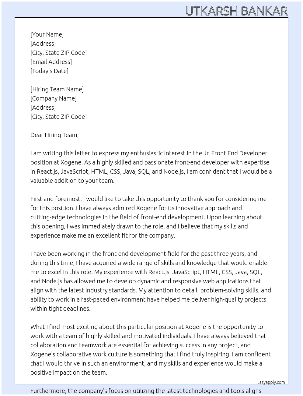 Jr. Front End Developer At Xogene Cover Letter
