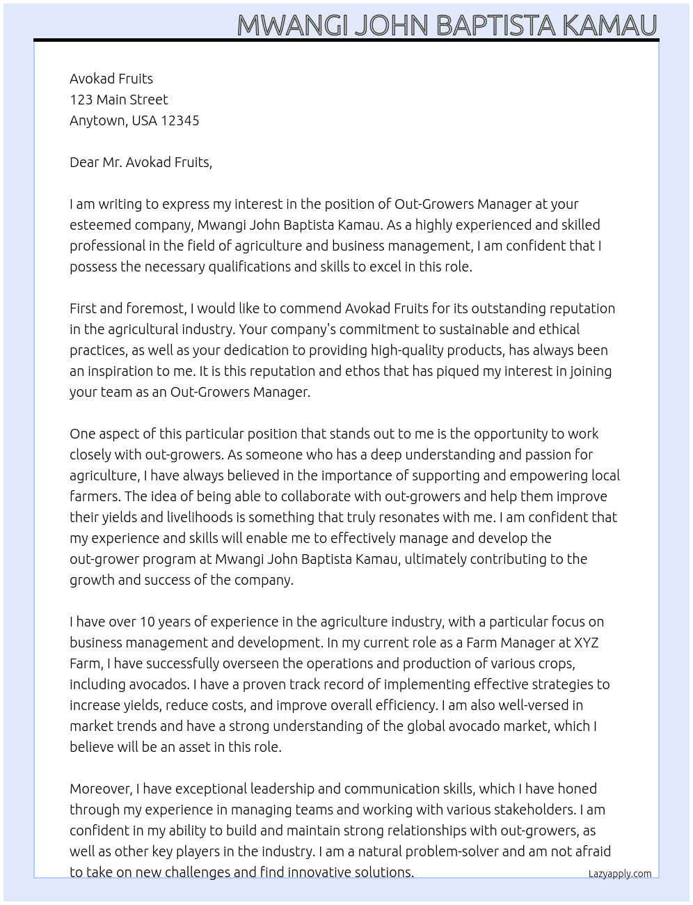 Cover letter for out-growers managers - LazyApply