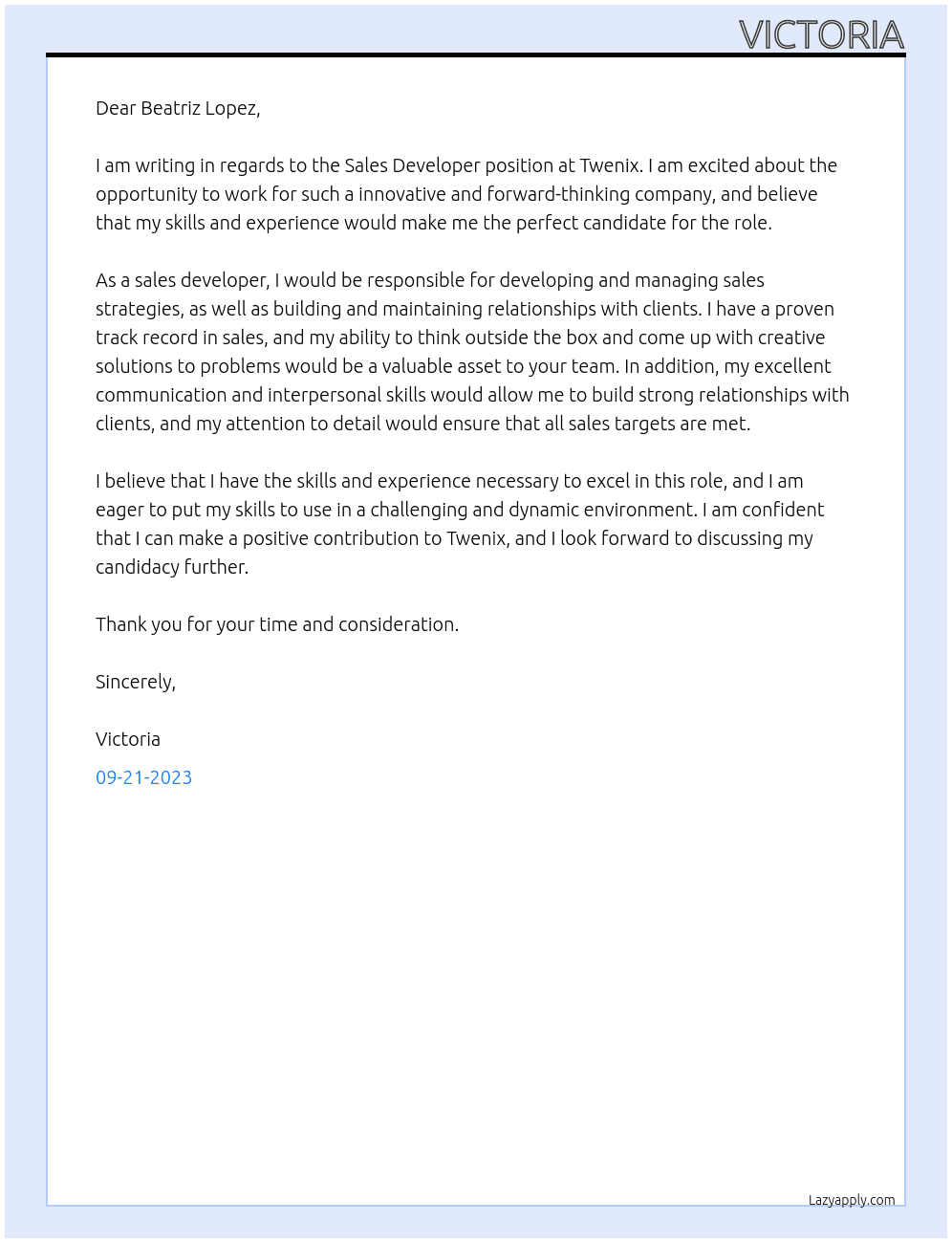 sales developer At Twenix Cover Letter