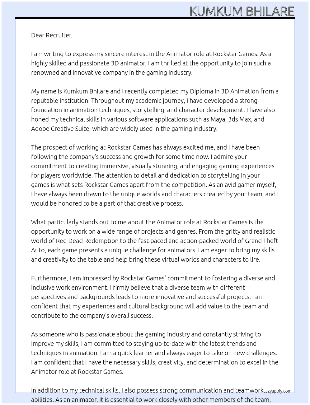 3d animation  At Rockstar Games  Cover Letter