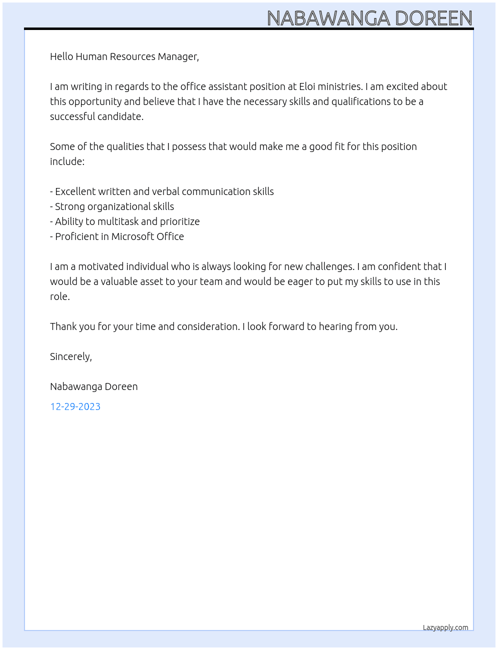 office assistant  At Eloi ministries  Cover Letter