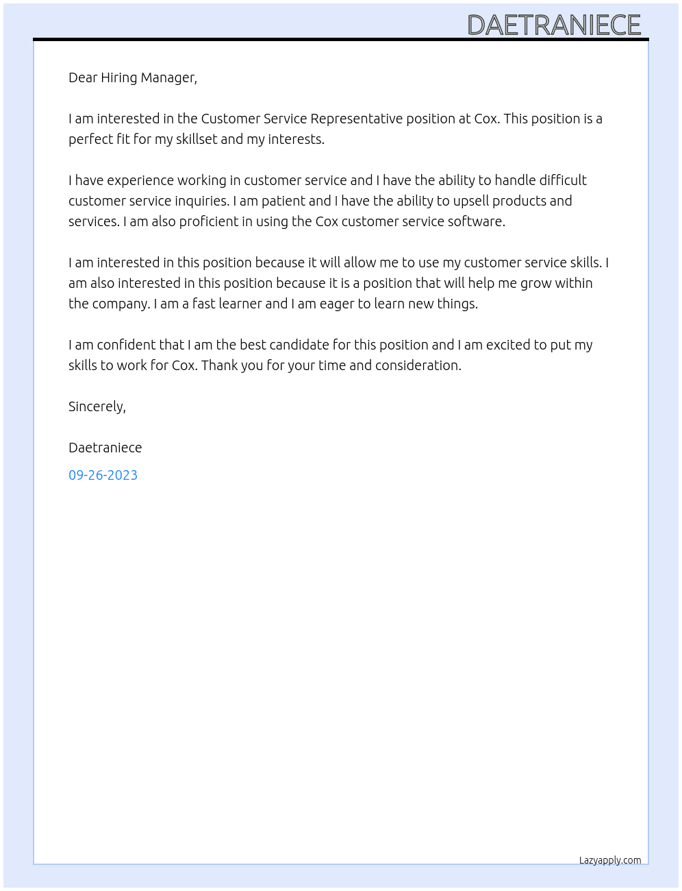 Customer Service Representative  At Cox Cover Letter