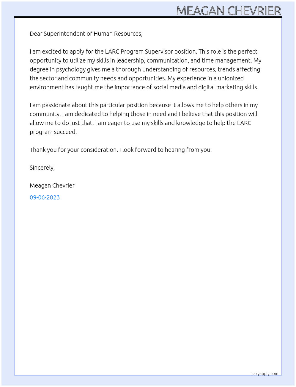 LARC Program Supervisor At LARC Cover Letter