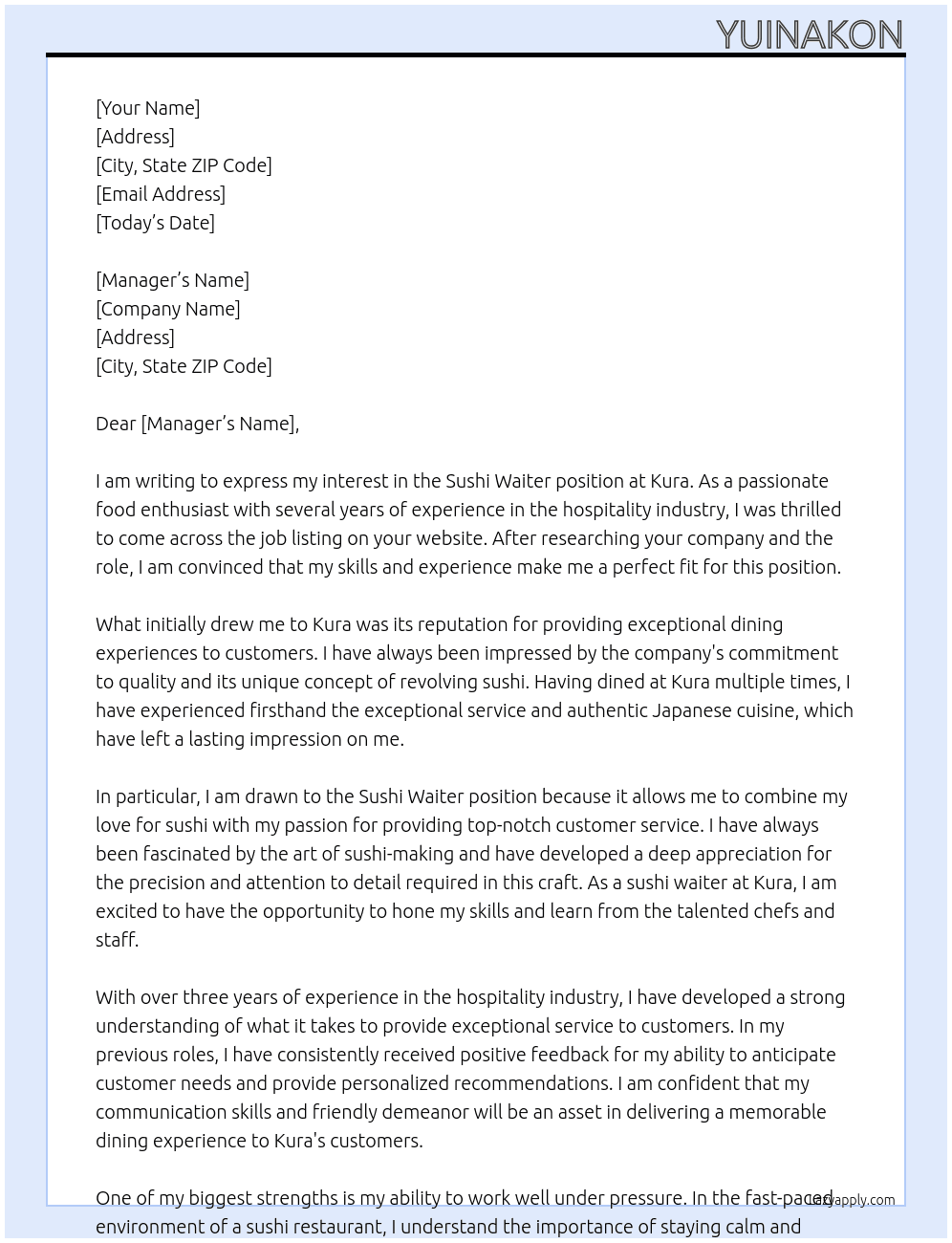 Sushi waiter At kura Cover Letter