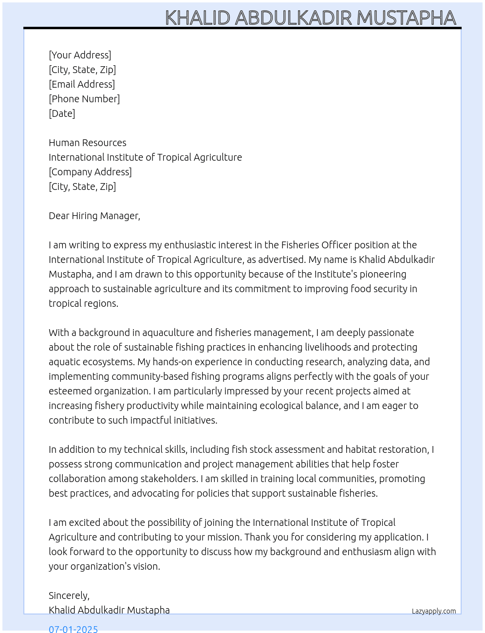Cover letter for fisheries officer - LazyApply