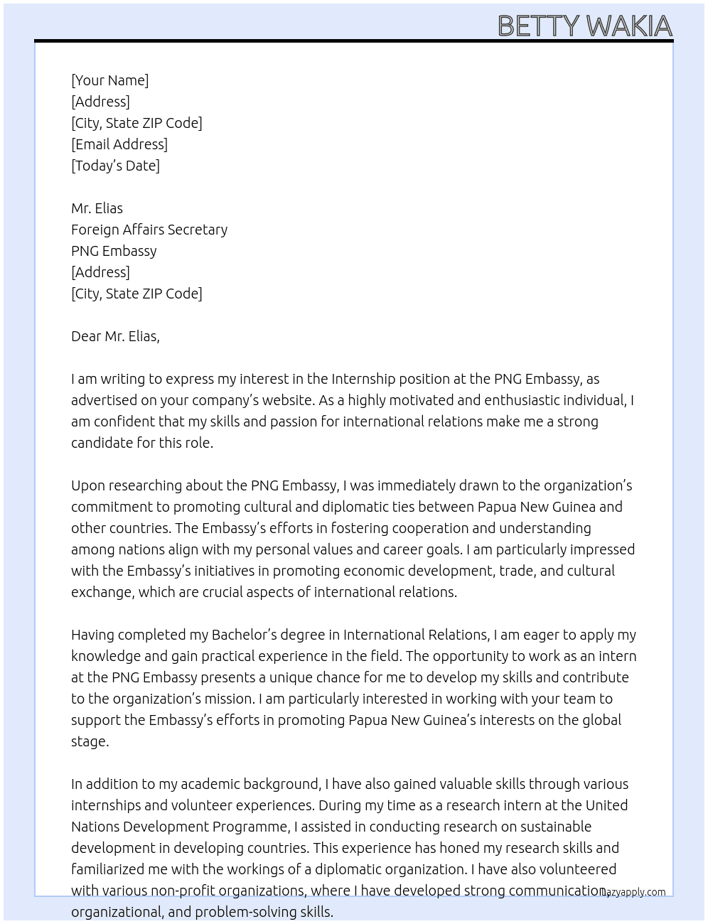 Internship  At PNG Embassy Cover Letter