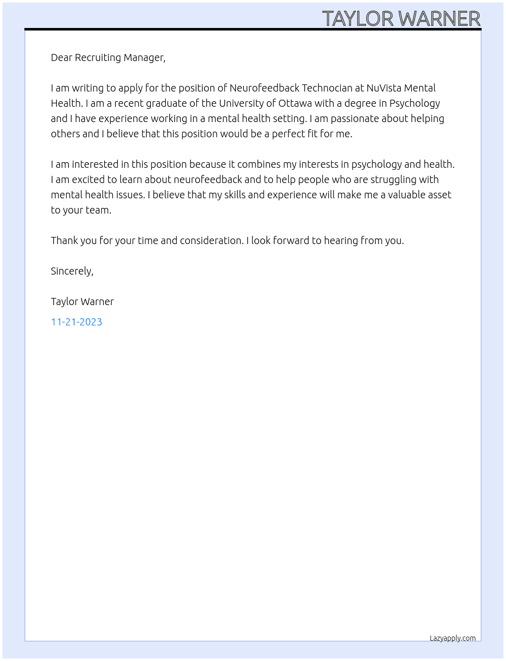 Neurofeedback Technocian At NuVista Mental Health  Cover Letter