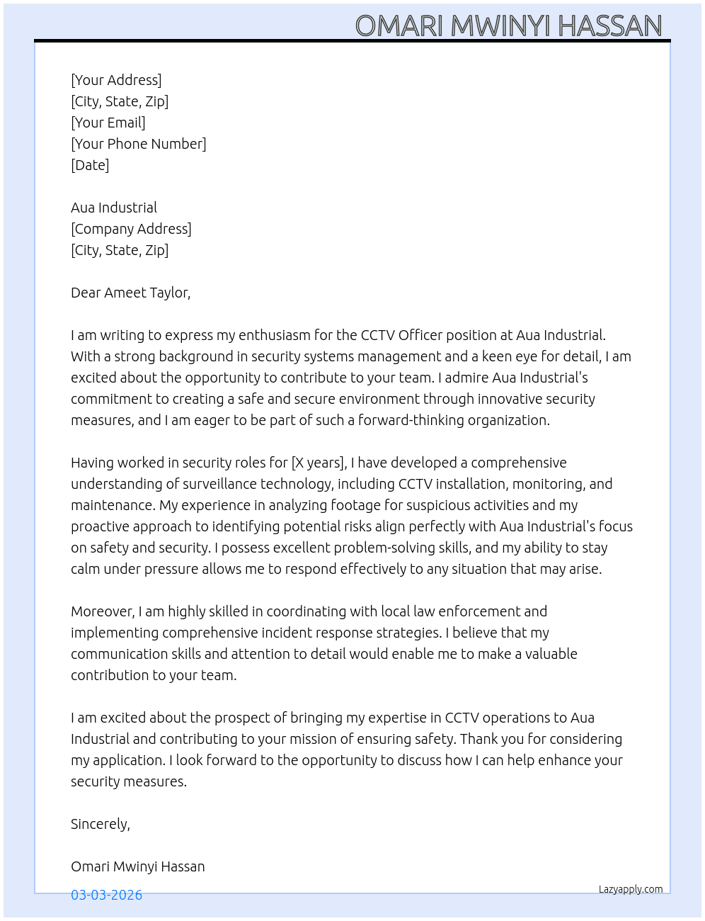 Cctv officer  At Aua industrial  Cover Letter