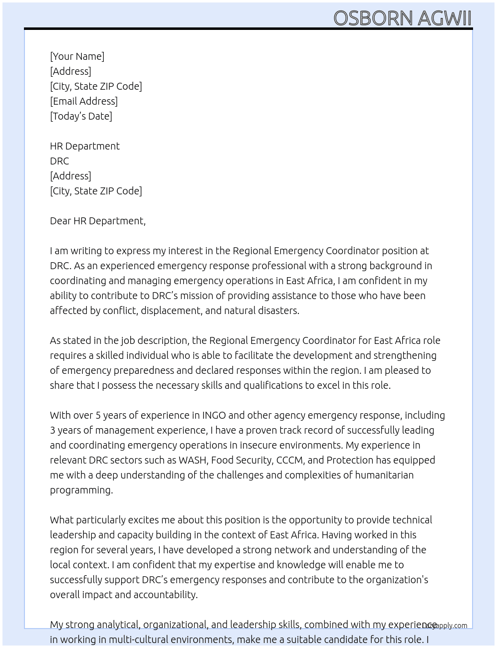 Cover letter for regional emergency coordinator - LazyApply