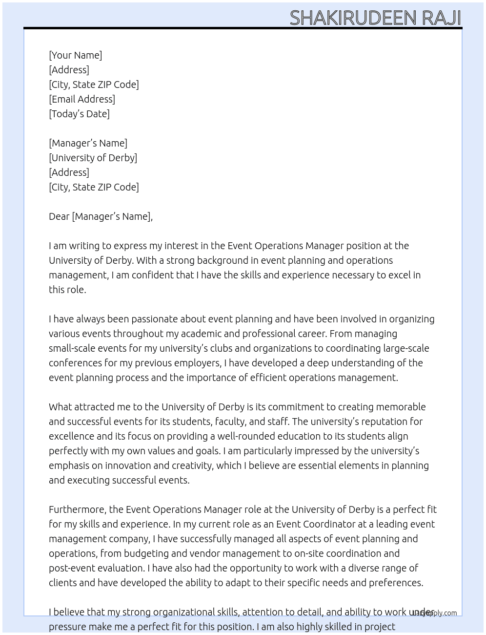 event operations manager At university of derby Cover Letter