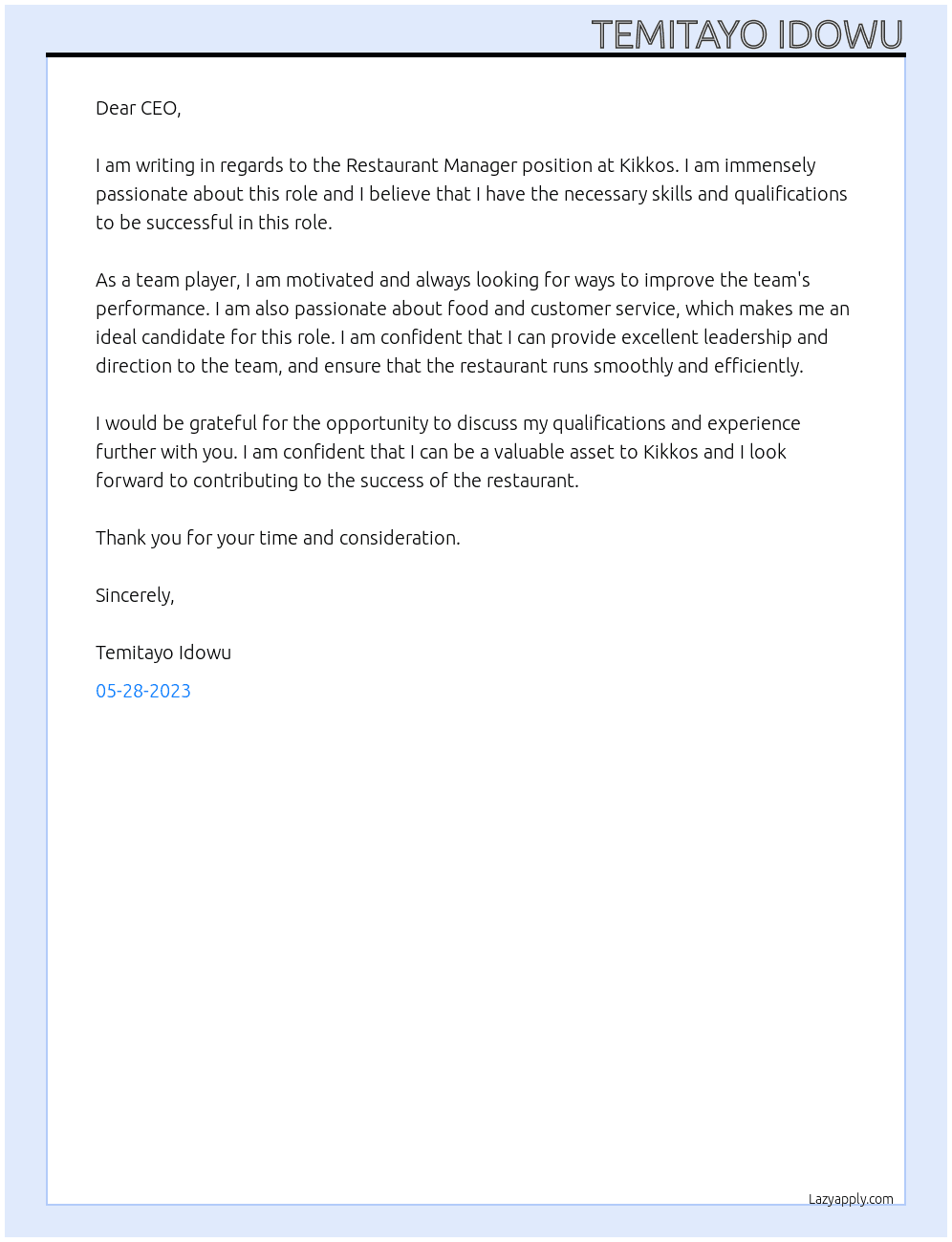 Restaurant manager At Kikkos Cover Letter
