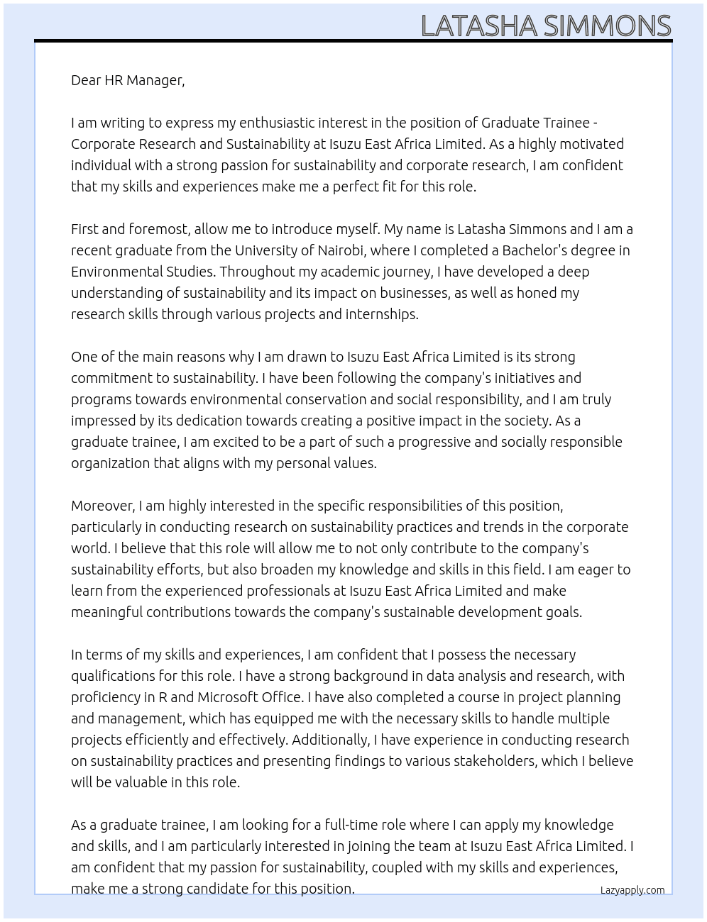 Graduate Trainee - Corporate Research and Sustainability  At Isuzu East Africa Limited Cover Letter