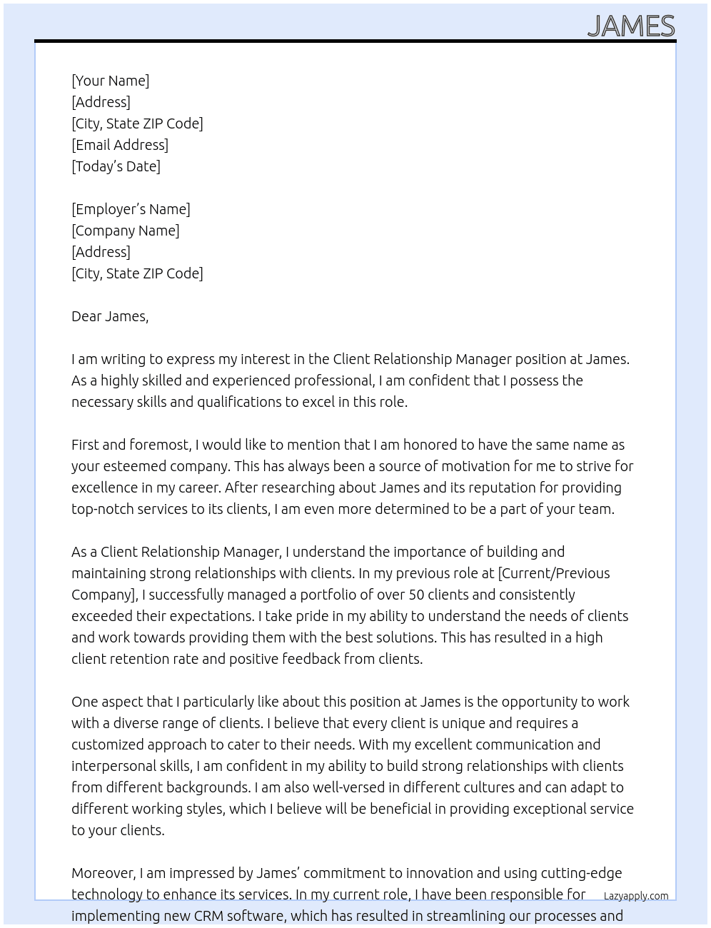 Client Relationship Manager  At James Cover Letter