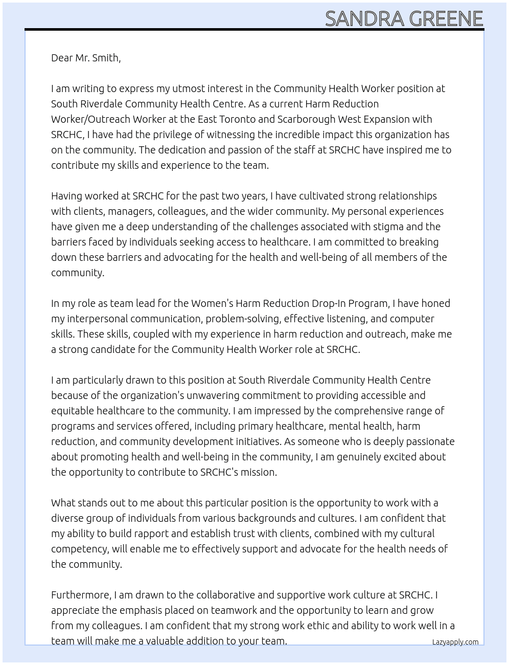 Community Health Worker At South Riverdale Community Health Centre Cover Letter