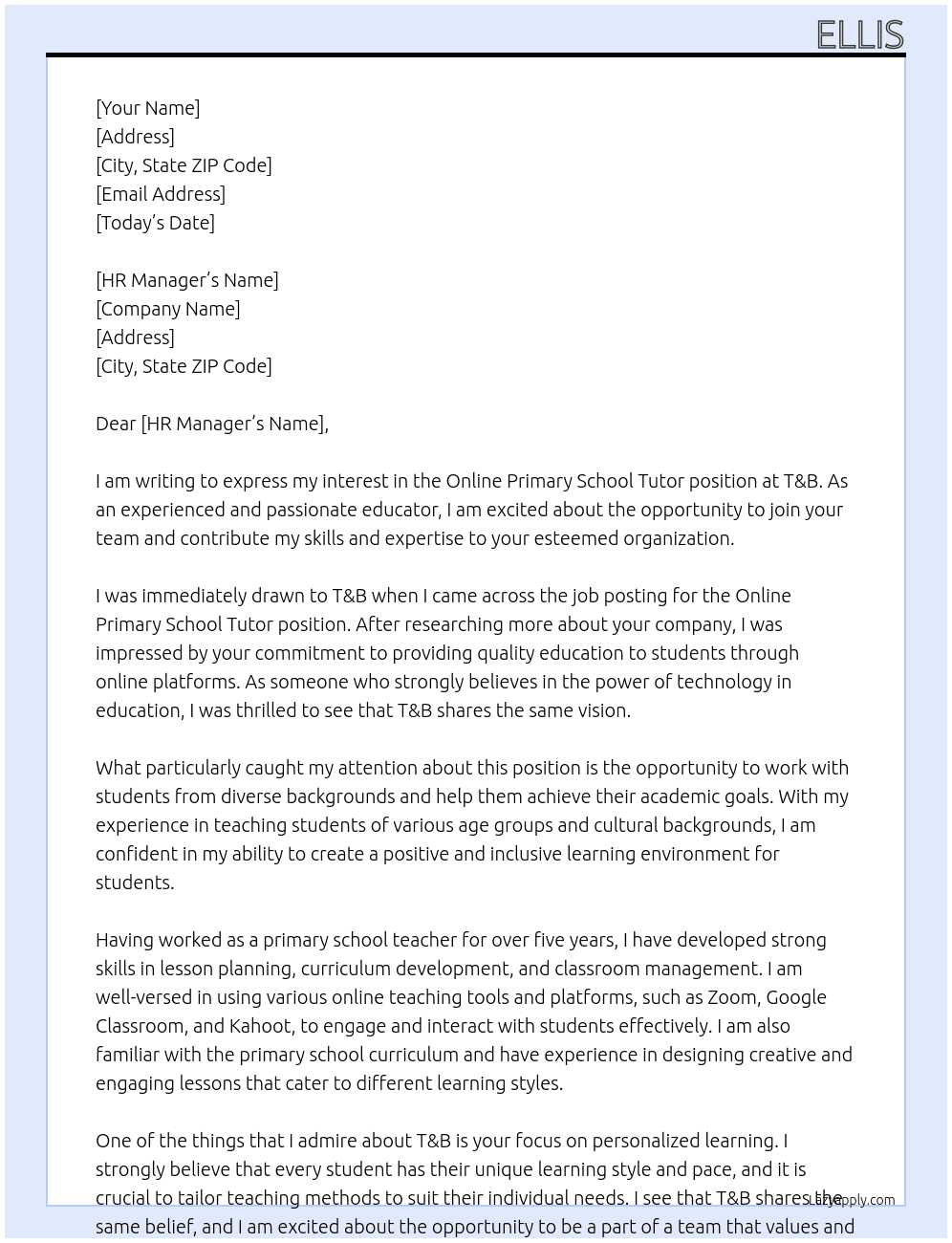 Online Primary School Tutor At T&B Cover Letter