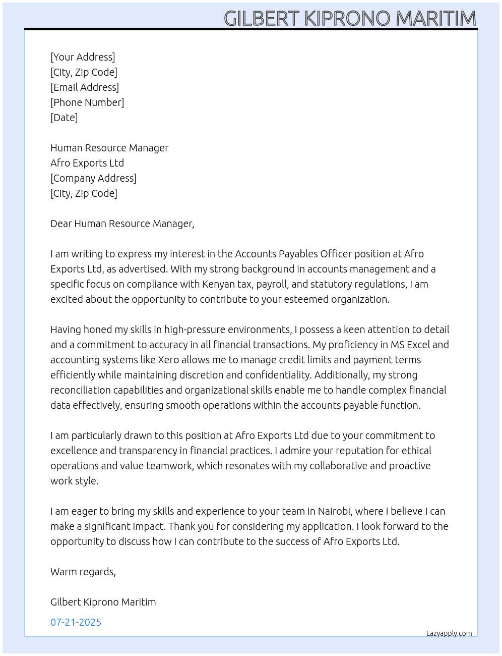 Accounts Payables Officer At Afro Exports Ltd Cover Letter