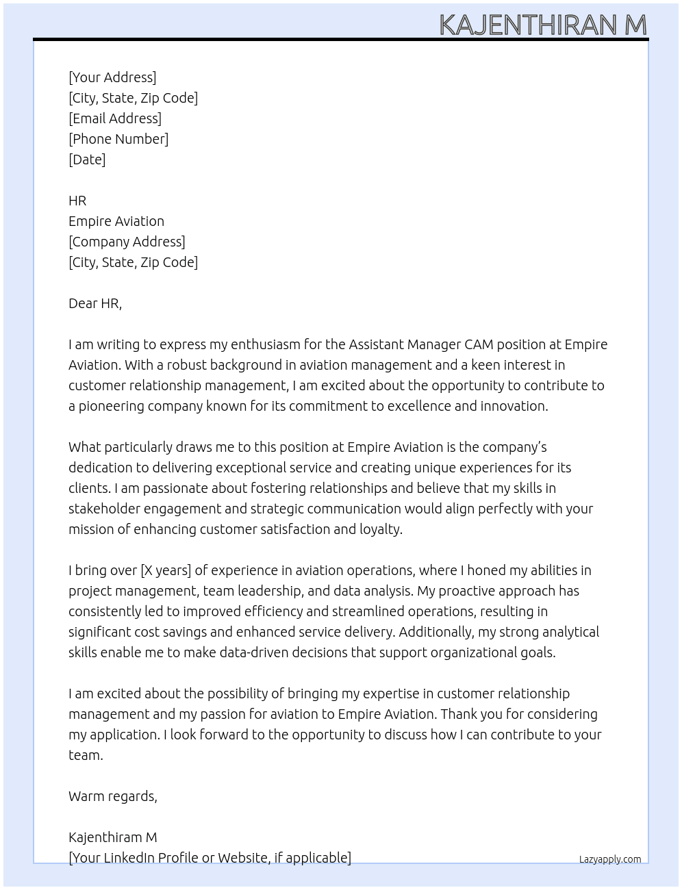 Assistant Manager CAM At Empire Aviation Cover Letter