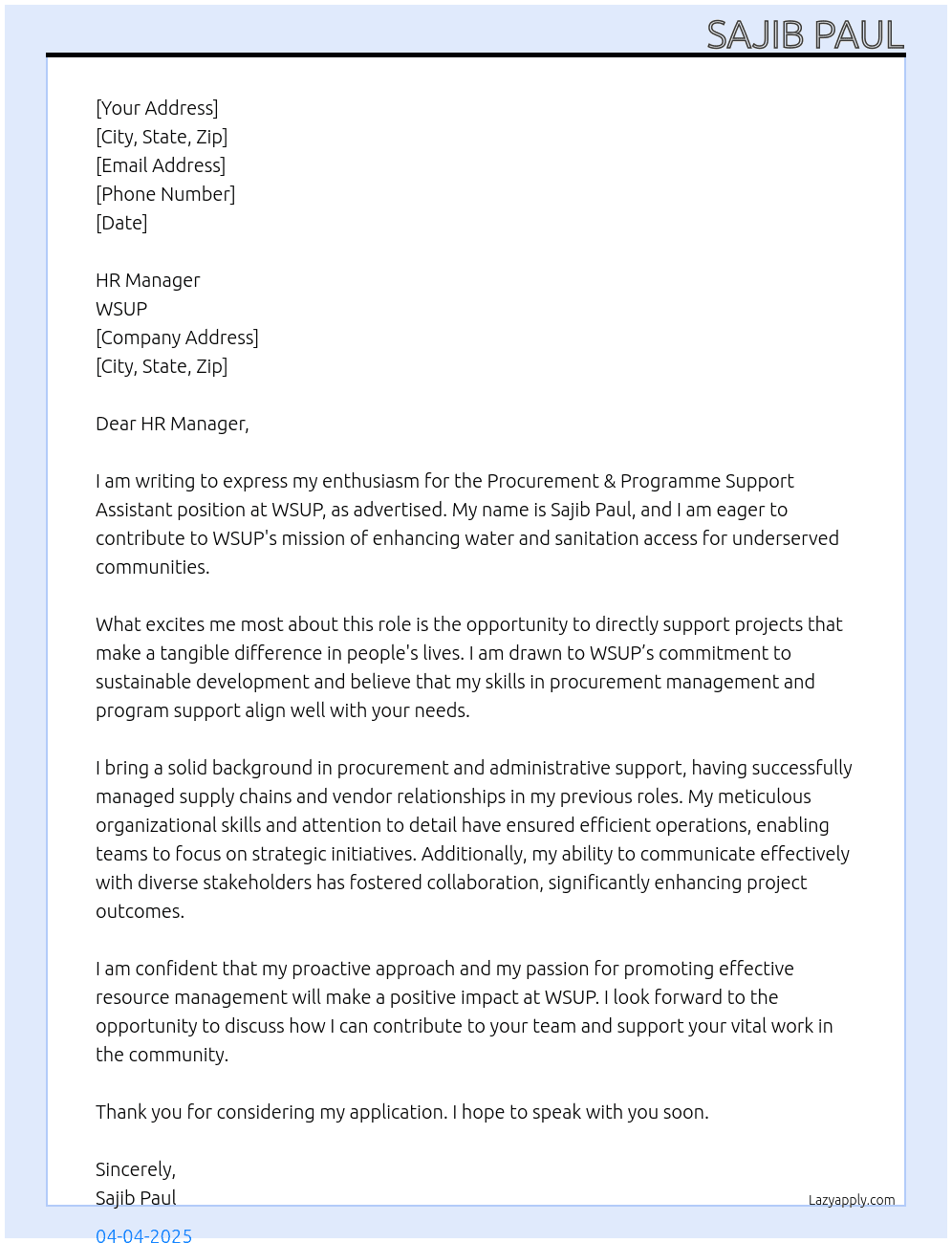 Procurement &programme support assistant At WSUP Cover Letter