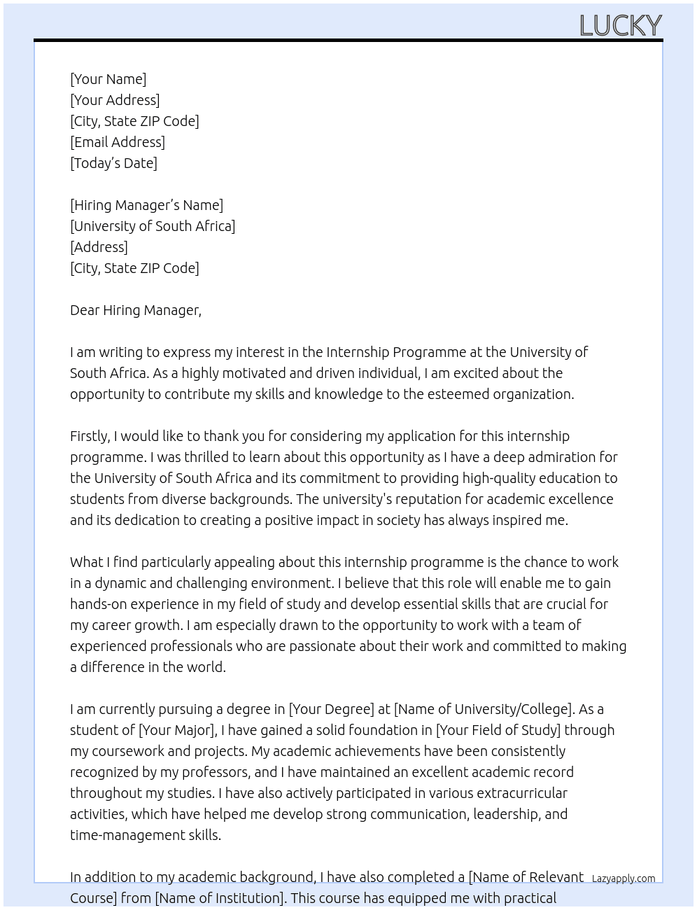 Internship programme At University of South Africa  Cover Letter