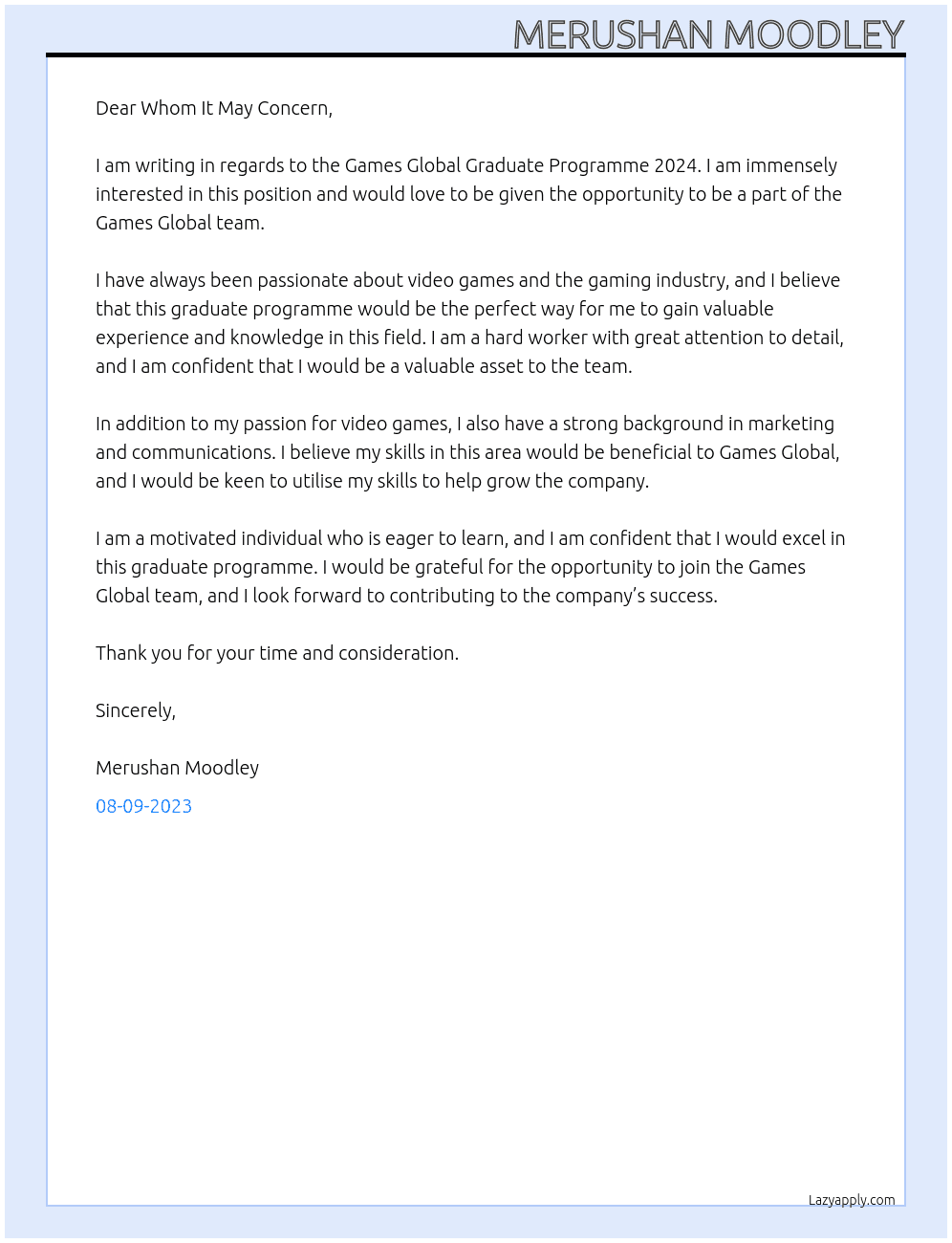 Games Global Graduate Programme 2024 At Games Global Cover Letter
