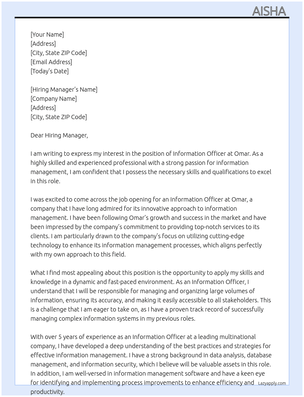 Information Officer At Omar Cover Letter