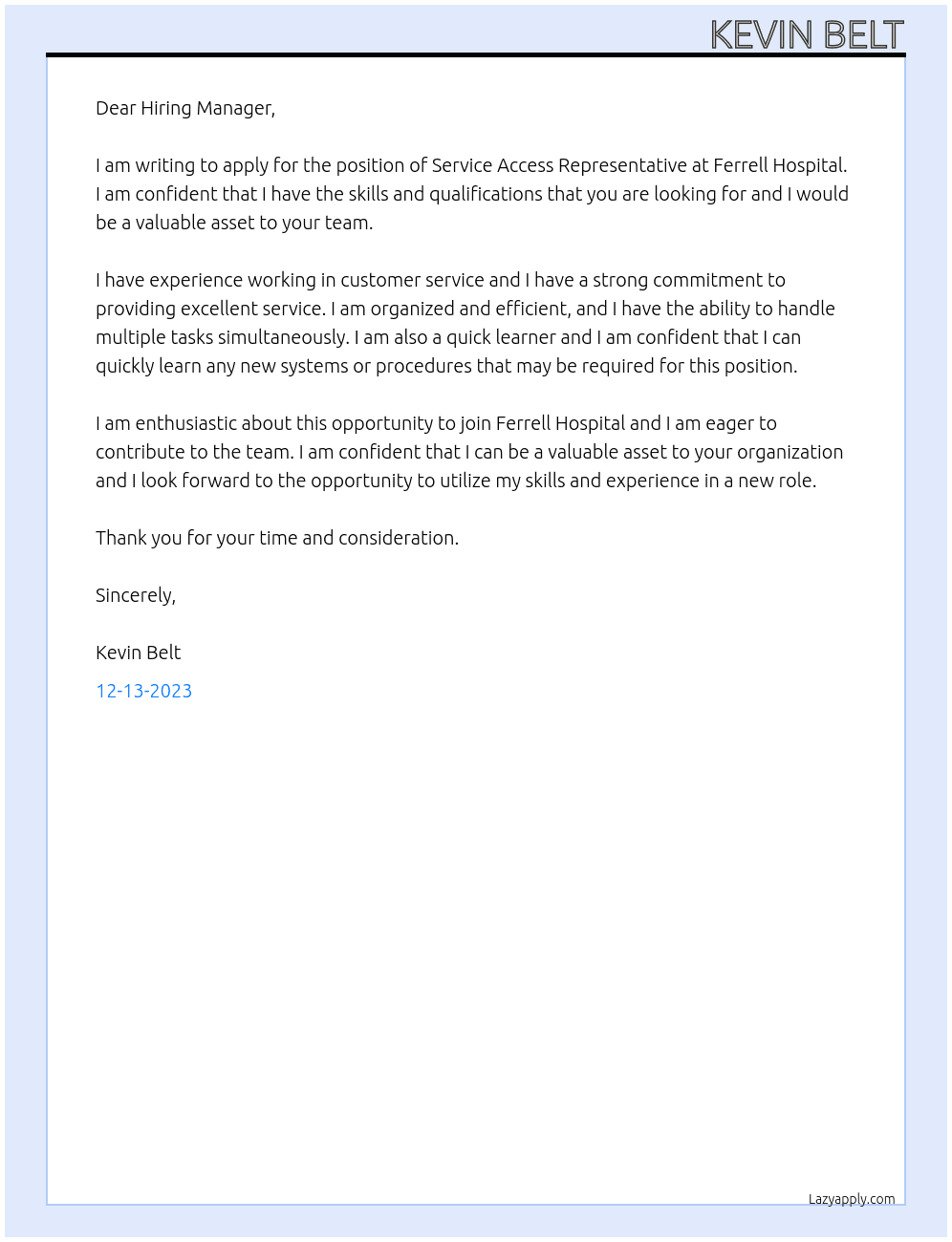 Service Access Representative At Ferrell Hospital Cover Letter