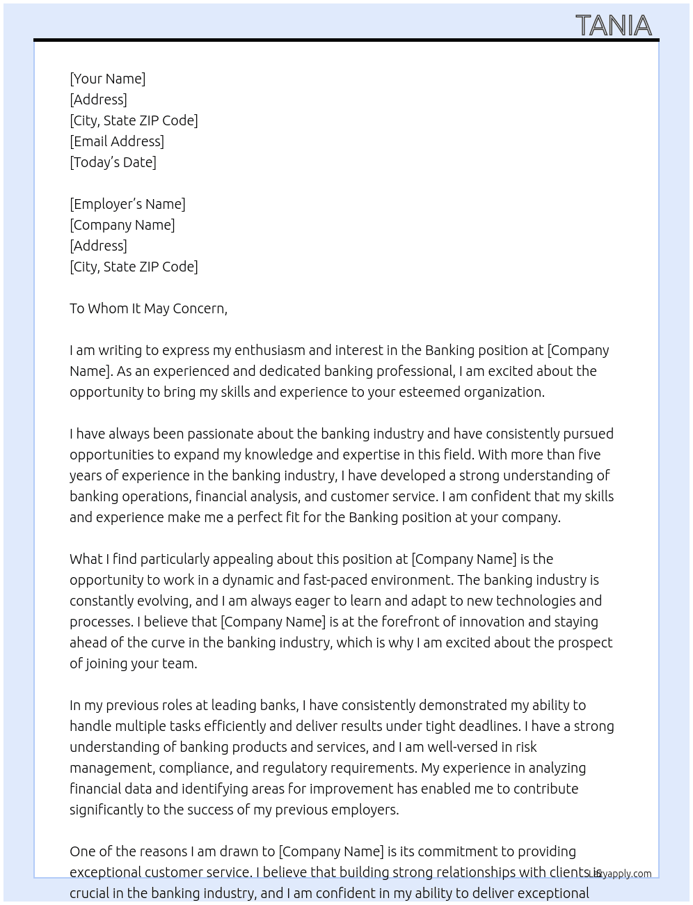 Banking  At banking  Cover Letter