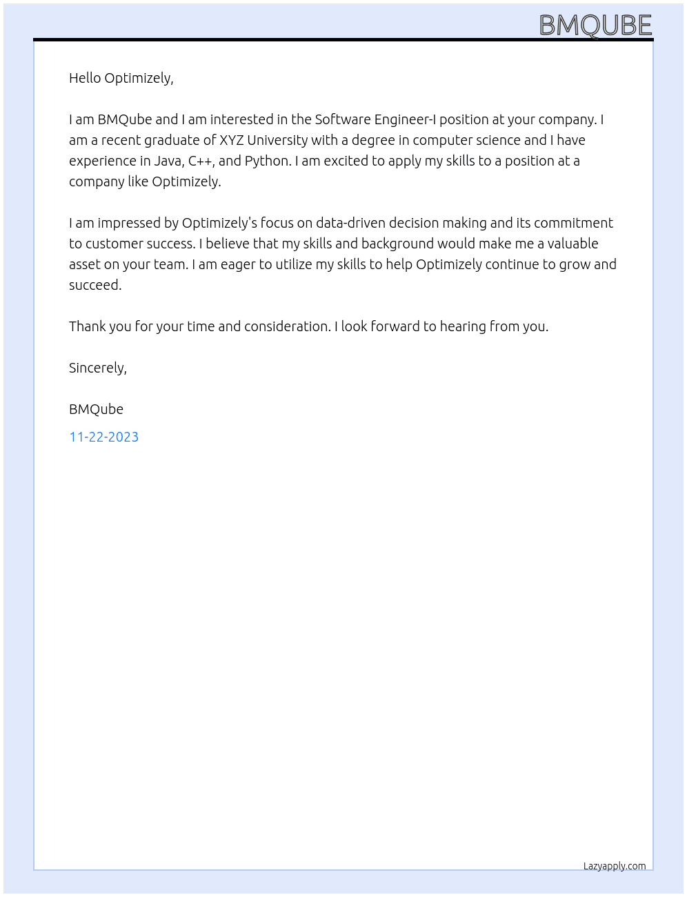 Software Engineer-I At Optimizely Cover Letter