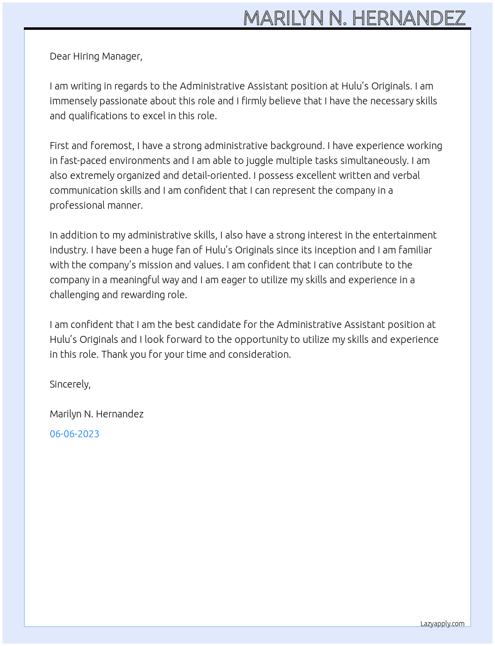 Administrative Assistant At Hulu’s Originals Cover Letter