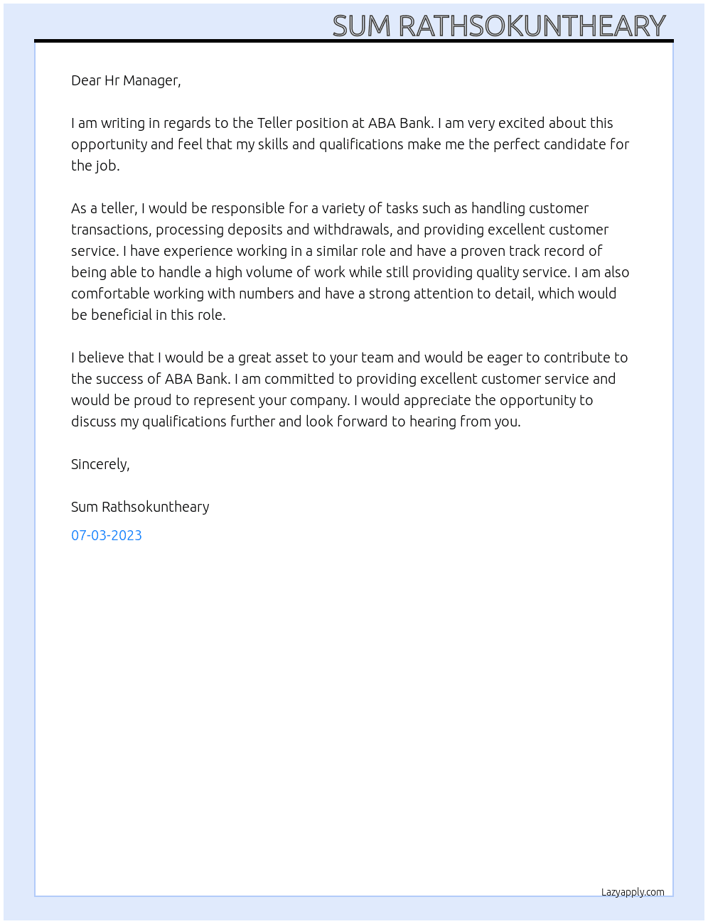 Teller At ABA Bank Cover Letter